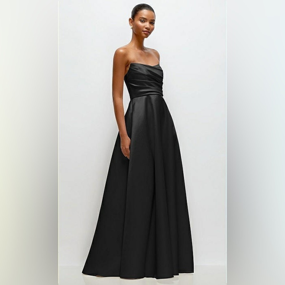 New Dessy Collection STRAPLESS DRAPED CAT EYE SATIN MAXI DRESS BLACK Size 6R